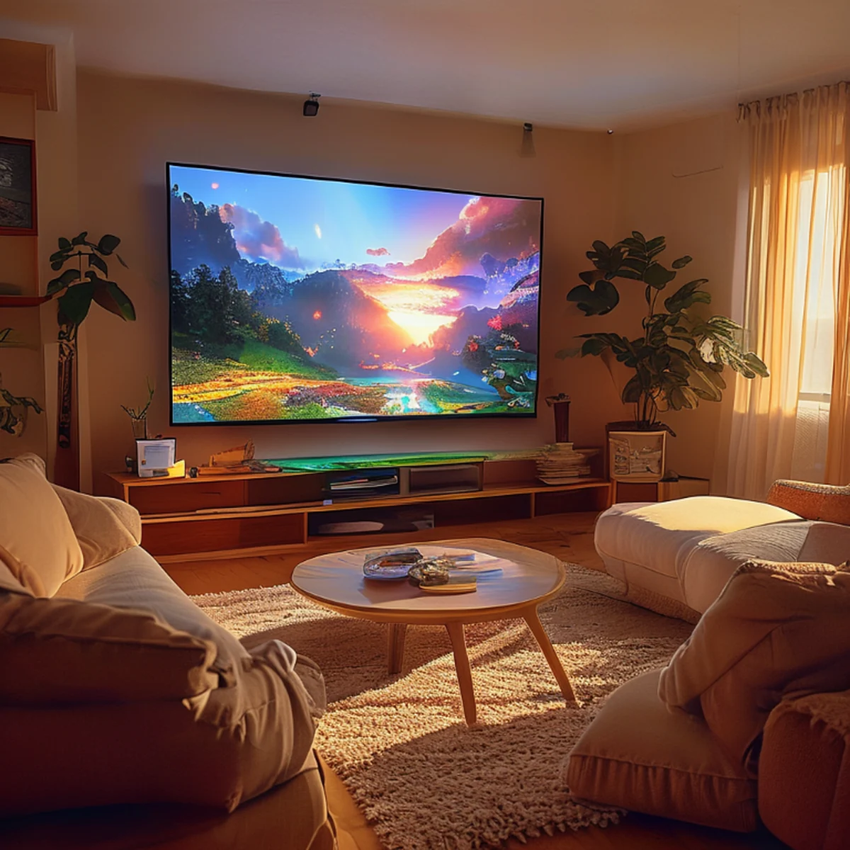 Gezellige woonkamer met een gaming scherm