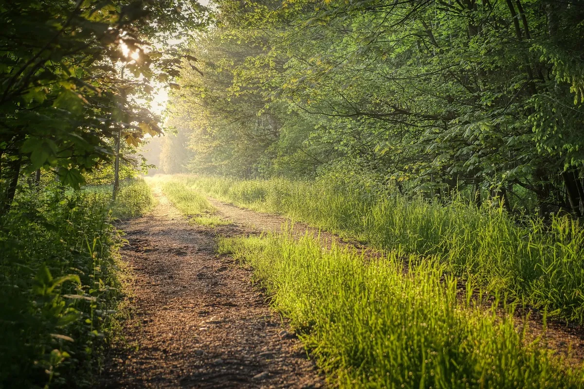 meadow, path, trees, grass, sunrise, morning light, backlighting, sunbeams, spring, landscape, nature, bavaria, green, leaves, forest path, path, path, path, pa